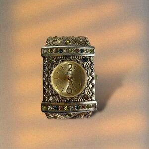 Vintage Multi Color Crystals Ornate Gold Tone Cuff Watch